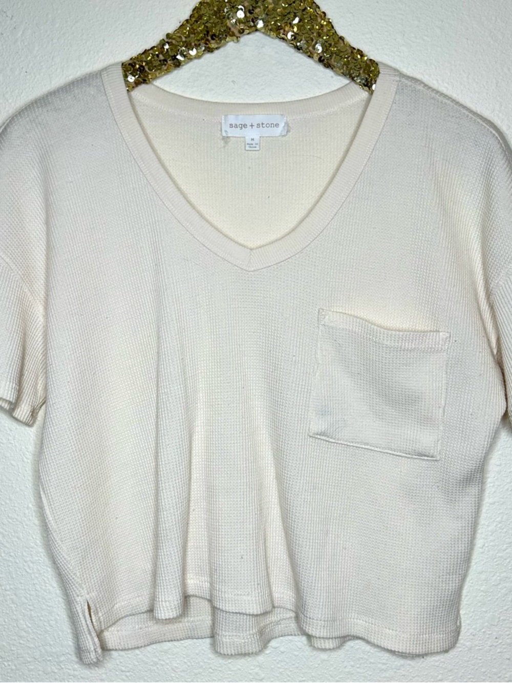 Sage + Stone Cream Waffle V-Neck Pocket Tee M